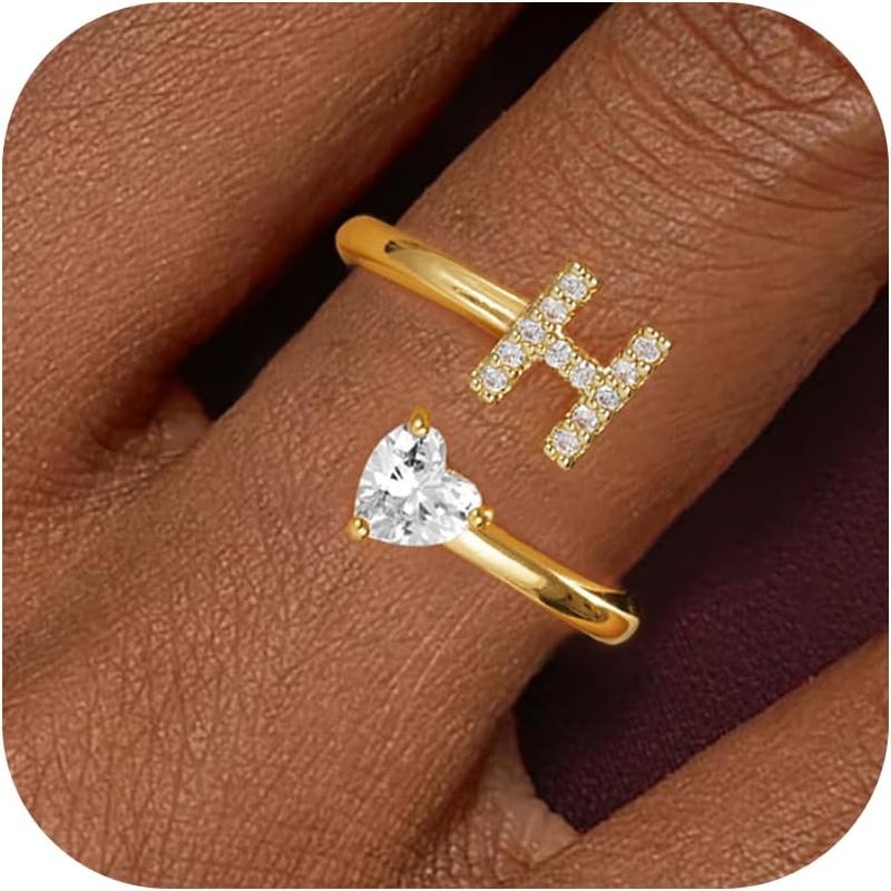 Treasure Bender Valentines Day Gifts Initial Gold Rings for Girls Women - Dainty 14K Gold Plated Adjustable Letter A-Z Rings Teen Girls Gifts Trendy Stuff Heart CZ Initial Ring Teens Birthday Gift - Image 1